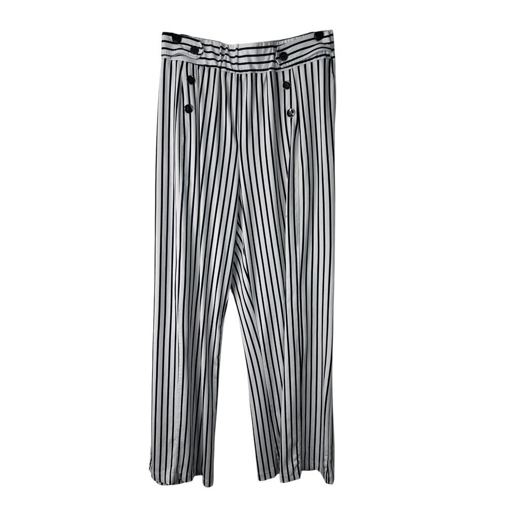 Robert Louis Pants Size L‎ Navy White Striped Wide Leg Office Classic Timeless